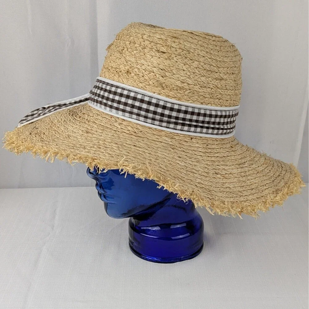 POL Womens Wide Brim Raffia Straw Hat Brown White Gingham Ribbon Band